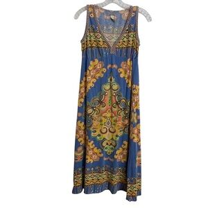 Lucky Brand Bohemian Blue and Yellow Maxi Dress Lightweight Sleeveless Small
